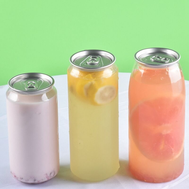 Pull-Ring Transparent Bottle Fruit Juice Soda Water Plastic Pet Cans With Easy Open Aluminum Lids